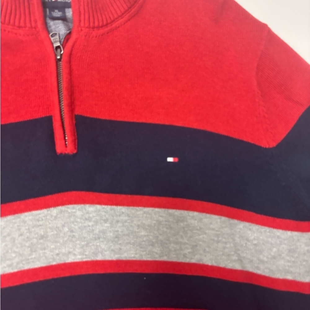 Tommy Hilfiger Men’s 1/4 Zip Sweater XL Red Navy Gray Striped Pullover - Picture 2 of 5